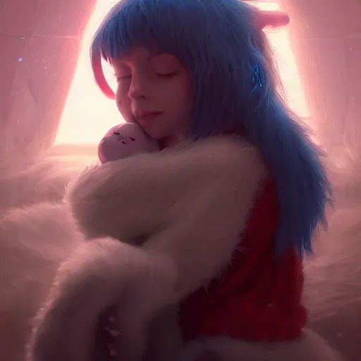 Image similar to The snuggliest snuggles in the world, huggy wuggy from poppy playtime video game, fullbody, ultra high detailed, glowing lights, oil painting, Greg Rutkowski, Charlie Bowater, Beeple, unreal 5, DAZ, hyperrealistic, octane render, RPG portrait, dynamic lighting, fantasy art, beautiful face