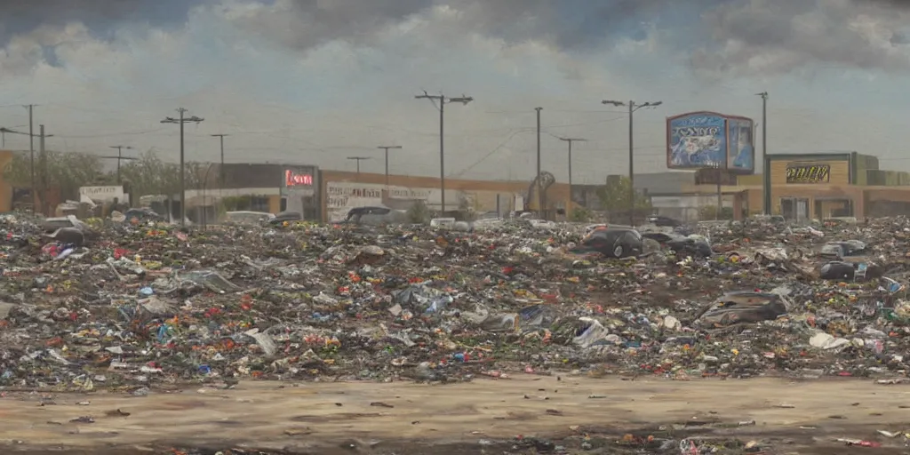 Image similar to Landscape of abandoned strip malls and desolate shopping malls, mounds of garbage in the distance, detailed oil painting, hyperrealistic, hazy mid day