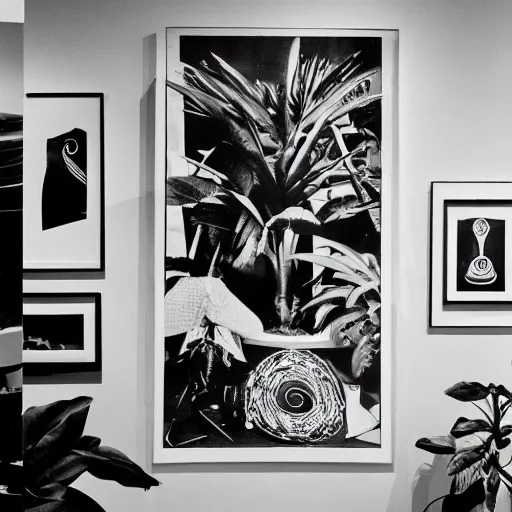 Image similar to A black and white photography in serigraphy of an exhibition space with works of Sun Ra, Marcel Duchamp and tropical plants, 60s, Modern Art