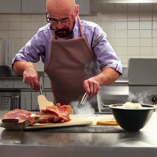 Prompt: Walter white cooking bacon