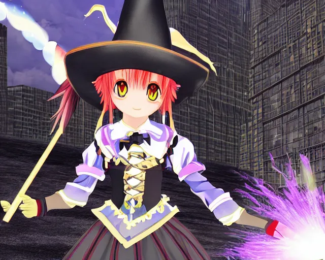 Image similar to a sparkling image of a ps2 magical anime witch from madoka magicka. the witch is psychic. she is flying on a broom through new york. people are running for their lives. terrorist attack.