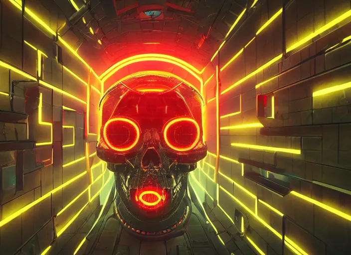 Prompt: a futuristic skull with glowing eyes and a wormhole tunnel, cyberpunk art by piet mondrian, behance contest winner, computer art, darksynth, synthwave, rendered in cinema 4 d