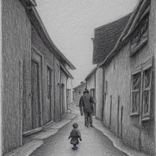 Prompt: rich detailed pencil drawing of little nicholas walking along a lonely village street, by jean - jacques sempe