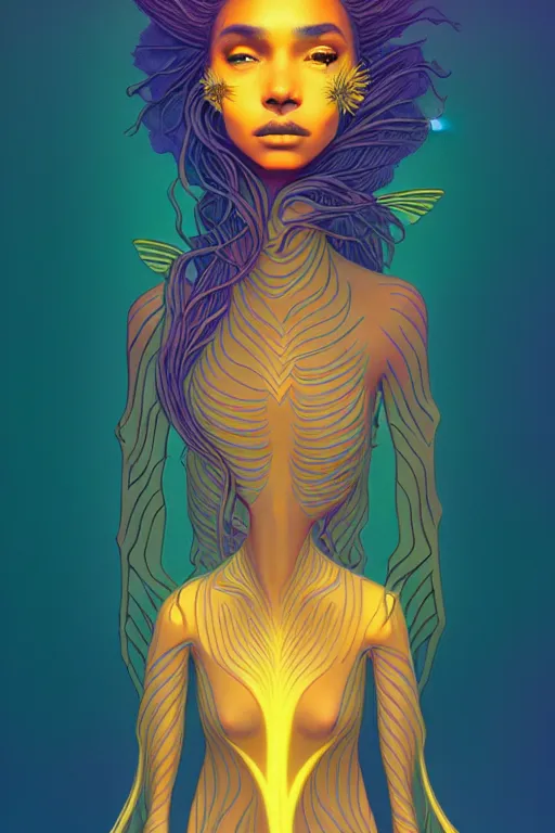 Image similar to 👁👩🏾🦱🧚🏽♀💎🌵👗, phantom, dreary, dramatic, fluid, golden ratio, artstation, moebius + loish, hd,