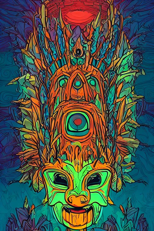 Image similar to totem animal mask tribal feather gemstone plant wood rock shaman vodoo video game vector illustration vivid multicolor borderlands comics by josan gonzales and dan mumford radiating a glowing aura