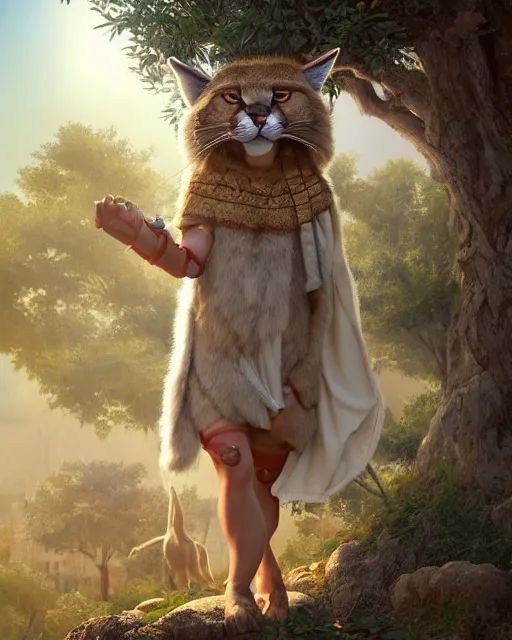 Image similar to fullbody photo of humanoid cute fluffy caracal dressed in toga, sun behind him, ancient greek city, sunny day, by ilya kuvshinov, rtx rendering, octane render 1 2 8 k, maya, extreme high intricate details by tom bagshaw, medium shot, composition by sana takeda, lighting by greg rutkowski