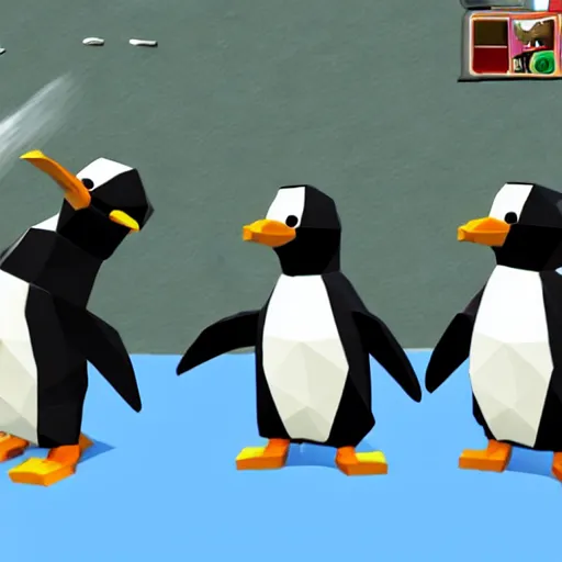 Image similar to danny devito punching penguins, nintendo 6 4 screenshot, low poly, aliased