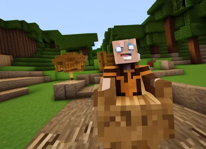 Image similar to a minecraft villager king sitting on his throne, commanding the villagers, gameplay screenshot