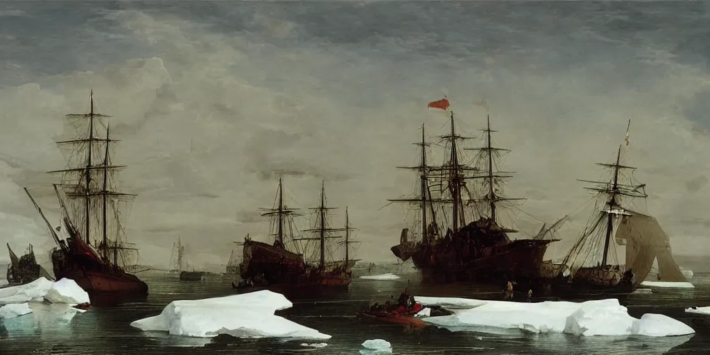 Prompt: a single 1840s British sail ship stuck in sea ice, HMS Erebus, grim, HD, frozen sea, ice seracs, painted by Edwin Henry Landseer