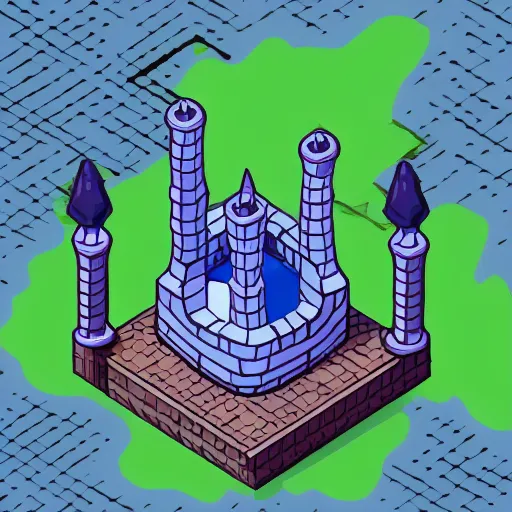 Image similar to isometric view of wizard tower, colored lineart from resource gathering game