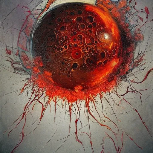 Prompt: a sphere being covered by extremely detailed splatters of abstract paint, engulfed in flames in the style of, pascal blanche, surreal, beksinski, high detailed