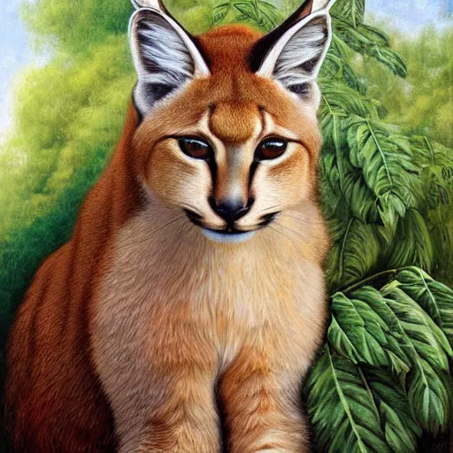 Image similar to fullbody portrait of cute fluffy caracal, wearing laurel wreath on his head, illustration, high detail, francine van hove