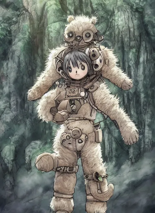 Image similar to beautiful little boy wearing an cyborg bear suit, artwork in kentaro miura and made in abyss and rosdraws, smooth, beautiful lightness, anatomically correct, trending on pixiv, forest