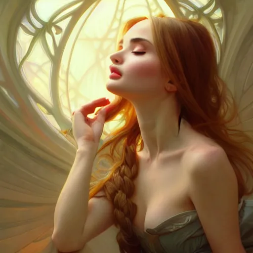 Image similar to beautiful kim petras, eyes closed, perspective, portrait, fantasy, ultra detailed, elegant, intricate, dynamic lighting, hyperrealism, digital art, digital painting, artstation, wlop, sharp focus, illustration, art by artgerm and greg rutkowski and alphonse mucha, 8 k