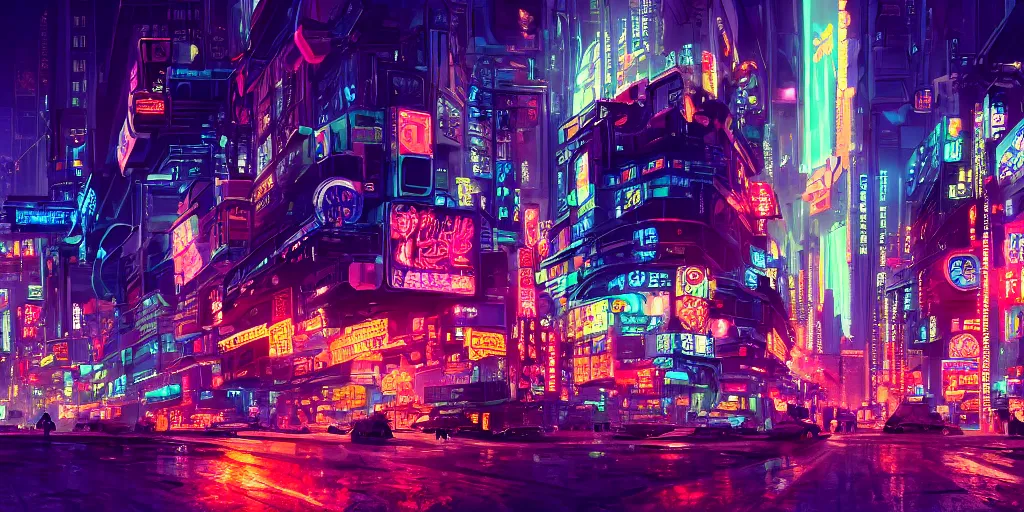 Prompt: a beautiful scene of a sprawling cyberpunk city at midnight, neon signs, concept art, studio ghibli, style of makoto shinkai and alphonse mucha, 4 k wallpaper