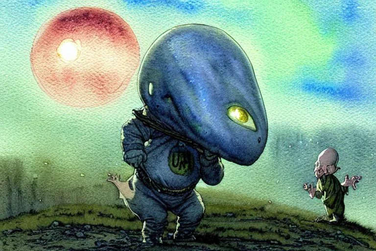 Image similar to a realistic and atmospheric watercolour fantasy character concept art portrait of a short fat chibi grey alien emerging from the mist on the moors of ireland at night. a ufo is in the sky. by rebecca guay, michael kaluta, charles vess and jean moebius giraud