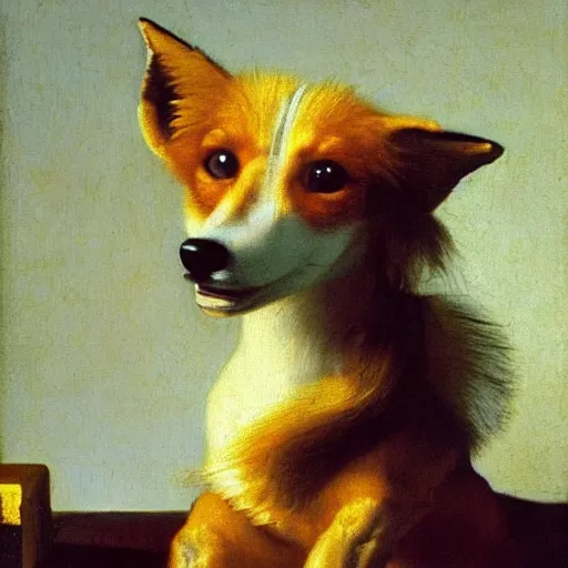 Prompt: an oil painting of a wire - haired fox terrier barking all the time at golden hour painted by johannes vermeer, masterpiece 8 k