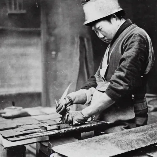 Prompt: Portrait of a 19th century Japanese man forging an elongated metal plate at a Kyoto knifemaker workshop, 1900s photography