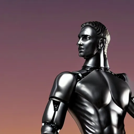Image similar to a realistic detailed photo of a guy who is an attractive humanoid who is half robot and half humanoid, who is a male android, wrestler aj batista, shiny skin, posing like a statue, blank stare, by the pool, on display, showing off his muscles, humanoid robot, frozen ice statue