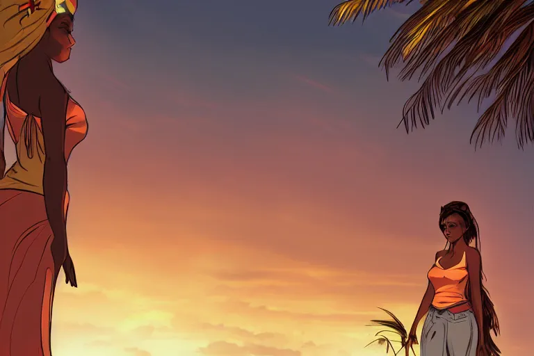 Image similar to concept art, cuban women in havana, digital anime art, good lighting, sunset