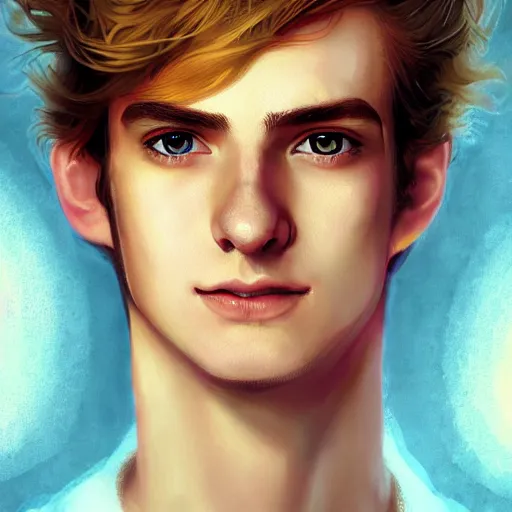 Image similar to colorful Captivating teenage boy with brown blond hair and facial structure like andrew garfield, brown eyes with red eye markers, slim body, wearing a detailed Japanese kimono with golden details, atmospheric lighting, painted, intricate, 4k, highly detailed by Charlie Bowater