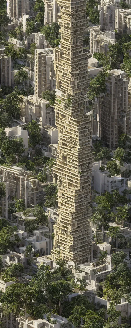 Prompt: single tower, golden gardens of babylon tower, beige stone color palette, sacred ancient architecture, hanging gardens on the balconies, modular cascading highrise, next to mountains and river with lush palm forest, zaha hadid, sunlight, eye - level view, post - production, octane, cgi, sfx