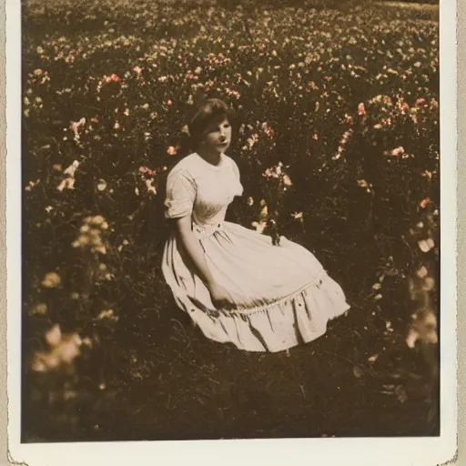 Prompt: sleepy girl in 19th centuries dress sitting in flowers field, polaroid