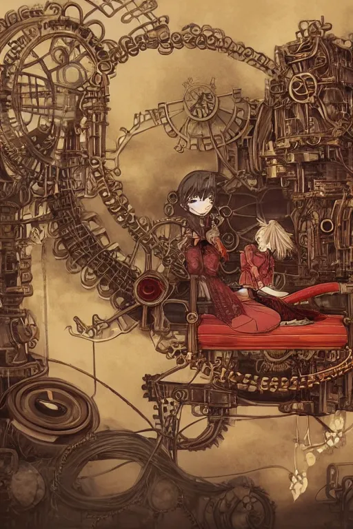 Image similar to anime style illustration, old sick gold and crimsoned scaled asian dragon on a steam punk couch with wires and gears and steam punk apparatus, artstation, matte painting, style of studio ghibli, featured in artstation and artgerm and pixiv, award winning, cinematic, elegant, intricate, 8 k