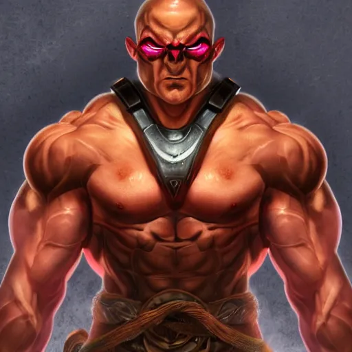 Image similar to a highly detailed character portrait of a muscular man wearing a epic shadow armor with glowing red eyes