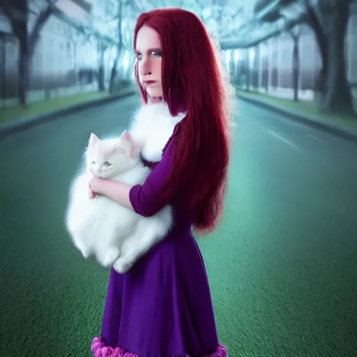 Prompt: Full body photo of a beautiful girl with long purplish red hair standing at the bus stop, wearing a puffed Turquoise dress and high heels, holding a white fluffy kitten, hyperrealistic, highly detailed, highly focused, depth of field, High definition, 8k, octane render, artstation