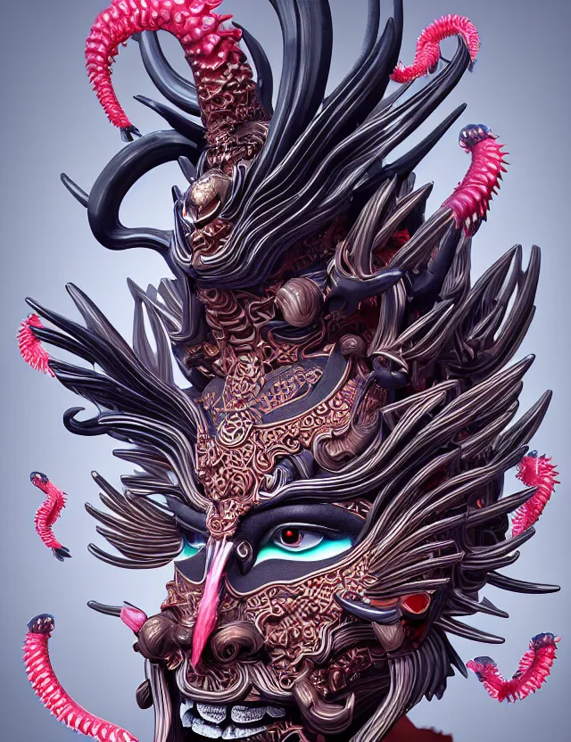 Image similar to 3 d goddess close - up profile satan biohazard portrait with crown, ram skull. beautiful intricately detailed japanese crow kitsune mask and clasical japanese kimono. betta fish, jellyfish phoenix, bio luminescent, plasma, ice, water, wind, creature, artwork by tooth wu and wlop and beeple and greg rutkowski