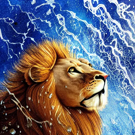 Image similar to a male lion's face breaching through a wall of water, water sprites, splashing, deep blue water color, highly detailed, realistic digital art