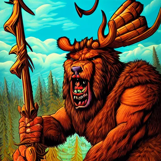 Prompt: hairy barbarian with moose head by dan mumford and julie bell