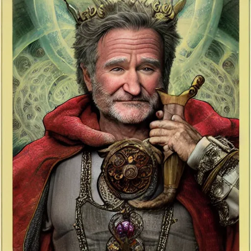 Image similar to an ultradetailed portrait of robin williams dressed as sheogorath, floating in the air with magic, the elder scrolls, fantasy, intricate, elegant, highly detailed, digital painting, matte, sharp focus, illustration, art by john collier and albert aublet and krenz cushart and artem demura and alphonse mucha