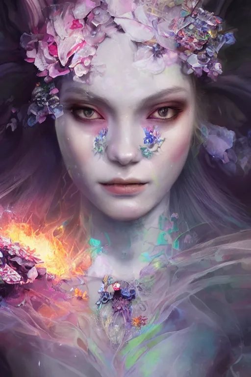 Image similar to face closeup covered with abstract flowers of extremely beautiful girl necromancer, magical fairy flowers and ice velvet, diamonds, angels, 3 d render, hyper - realistic detailed portrait, holding fire and electricity rainbow, ruan jia, wlop. scifi, fantasy, magic the gathering, hyper detailed, octane render, concept art, peter mohrbacher