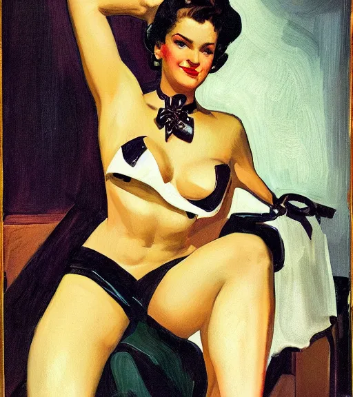 Prompt: j. c. leyendecker portrait painting of an 1 9 5 0's pinup woman, direct flash photography at night, film grain