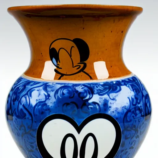 Prompt: a delft blue vase with a happy mickey mouse depicted on it ; extremely detailed