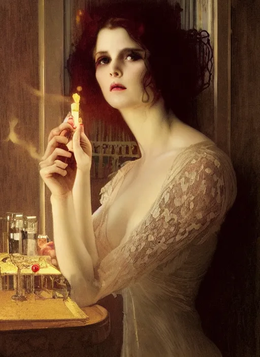 Prompt: a romantic photo of a woman in a dark room wearing lace smoking a cigarette advertisement photography looking at camera by mucha, nick alm, norman rockwell, greg rutkowski, greg manchess, ethereal, dark, candlelight, pagan, extremely coherent, sharp focus, elegant, sharp features, render, octane, detailed, award winning photography, masterpiece, rim lit