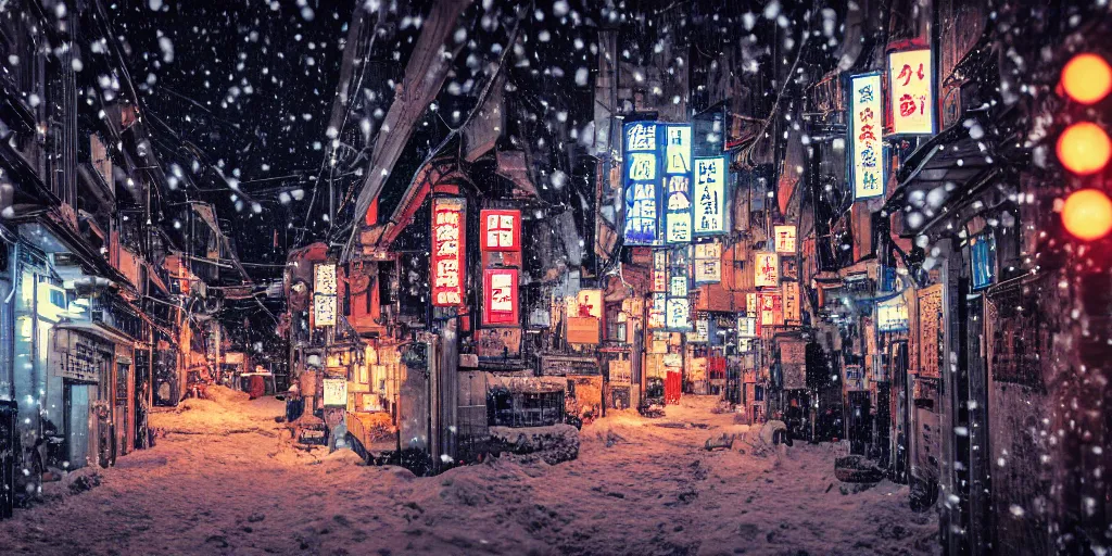 Image similar to a city street at night with a Japanese shrine on it, snowing, photograph, cyberpunk, sharp focus, intricate detail, drone shot, high resolution, 8k, neon streetlights, wires hanging down everywhere, Japan, colourful,,