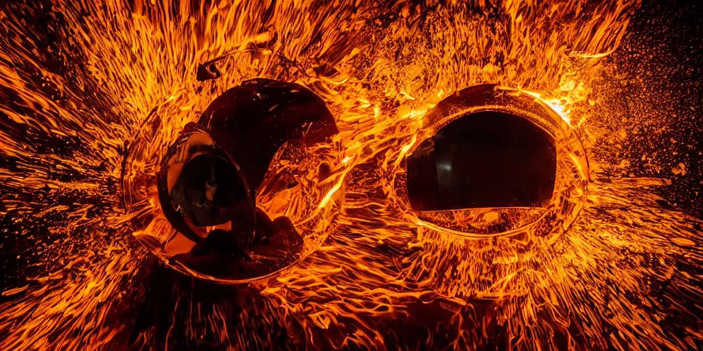 Image similar to underwater fisheye slow motion with trail fire effect of futuristic break dancer wearing long dark cloak and golden helmet emitting magic dust and fire, long exposure shot , enigmatic, at night underwater in the middle of the arctic with red light A letter, paddle of water, steam, fog, water splashes, rim lights, glossy reflections, water droplets on lens, octane render, Volumetric dynamic lighting, stunning cover magazine, high details, hajime sorayama