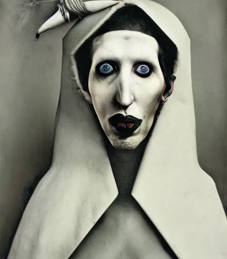 Image similar to portrait of marilyn manson by joel peter witkin and hieronymus bosch, high quality, high detail