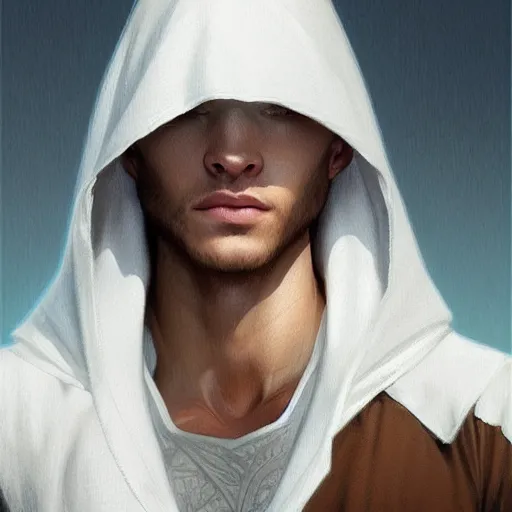 Image similar to ultra realistic illustration, a young man in a white hood, with brown hair, with blue eyes, intricate, elegant, highly detailed, digital painting, artstation, concept art, smooth, sharp focus, illustration, art by artgerm and greg rutkowski and alphonse mucha