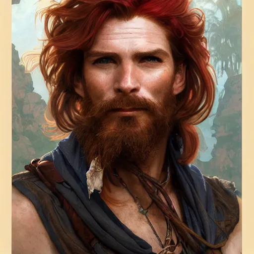 Image similar to portrait of a young ruggedly handsome but joyful pirate, male, masculine, upper body, red hair, long hair, d & d, fantasy, playful smirk, intricate, elegant, highly detailed, digital painting, artstation, concept art, matte, sharp focus, illustration, art by artgerm and greg rutkowski and alphonse mucha