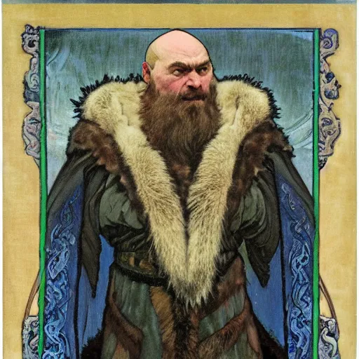 Image similar to portrait of bald, middle-aged Slavic Viking priest wearing thick fur collar and vestments, and standing tall in the blizzard, with fading blue woad tattoos on forehead, head, and cheeks, portrait by Anato Finnstark, Alphonse Mucha, and Greg Rutkowski