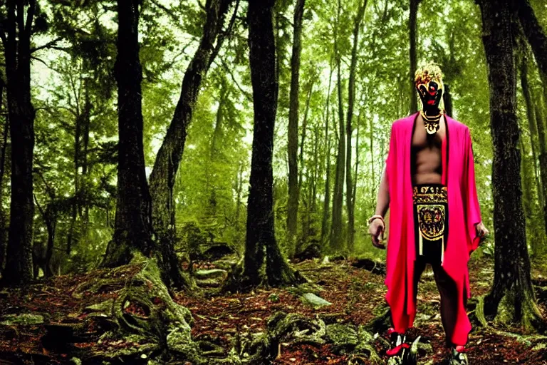 Image similar to versace avant garde male toga intricate textiles streetwear cyberpunk posing in the woods trees cloudy overcast dark late evening dramatic 3 5 mm professional color