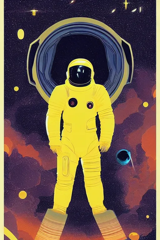 Image similar to poster art, movie poster, retrofuturism, sci - fi, textured, paper texture, 2 0 0 1 : a space odyssey by edward valigursky, yellow space suit