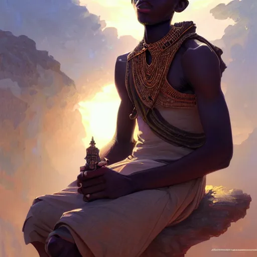 Image similar to illustration of a sudanese boy, d & d, fantasy, intricate, elegant, highly detailed, digital painting, artstation, concept art, smooth, sharp focus, illustration, art by artgerm and greg rutkowski and alphonse mucha