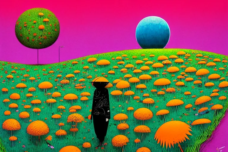 Prompt: surreal glimpse into other universe, walk walk eat eat, summer morning, very coherent and colorful high contrast, art by!!!! gediminas pranckevicius!!!!, geof darrow, floralpunk screen printing woodblock, dark shadows, hard lighting, stipple brush technique,