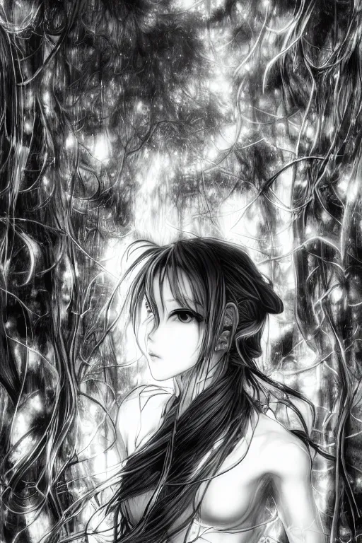 Image similar to a vertical portrait of a character in a scenic environment by Yoshitaka Amano, black and white, dreamy, cybernetic suit, wavy long black hair, highly detailed