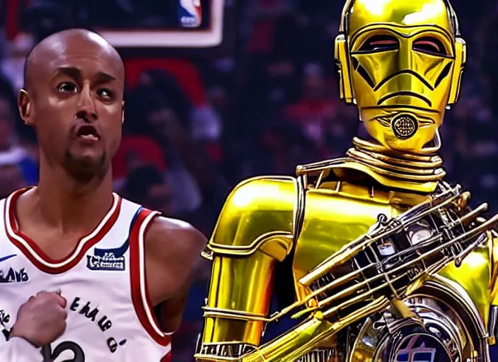 Image similar to ESPN still of C-3PO playing in the nba playoffs live on espn, 4k